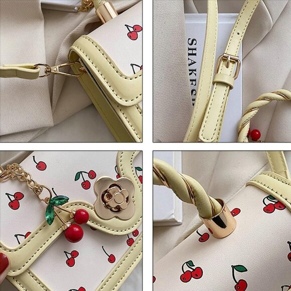 Chic Vegan Leather Crossbody Bag with Cherry Pattern - Stylish Satchel Tote - Picture 5 of 7